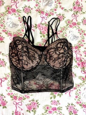 VICTORIA’S SECRET NWOT Statement Lace Bustier Corset Black Pink Boudoir 34DD